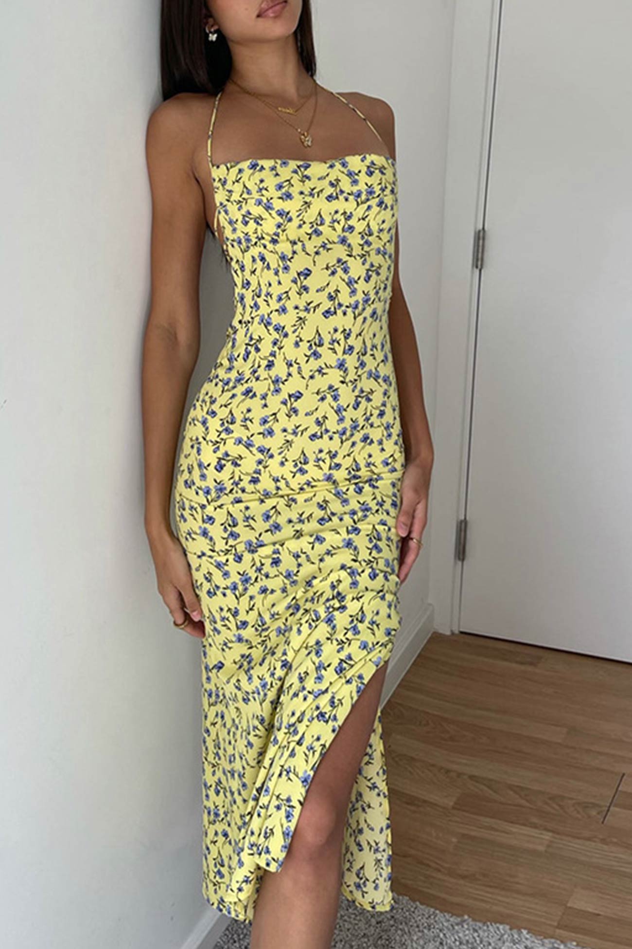 Yellow Floral Print Tie-back Slit Dress