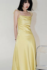Yellow Satin Ruched Cami Dress