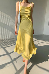 Yellow Satin Ruched Cami Dress