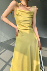 Yellow Satin Ruched Cami Dress