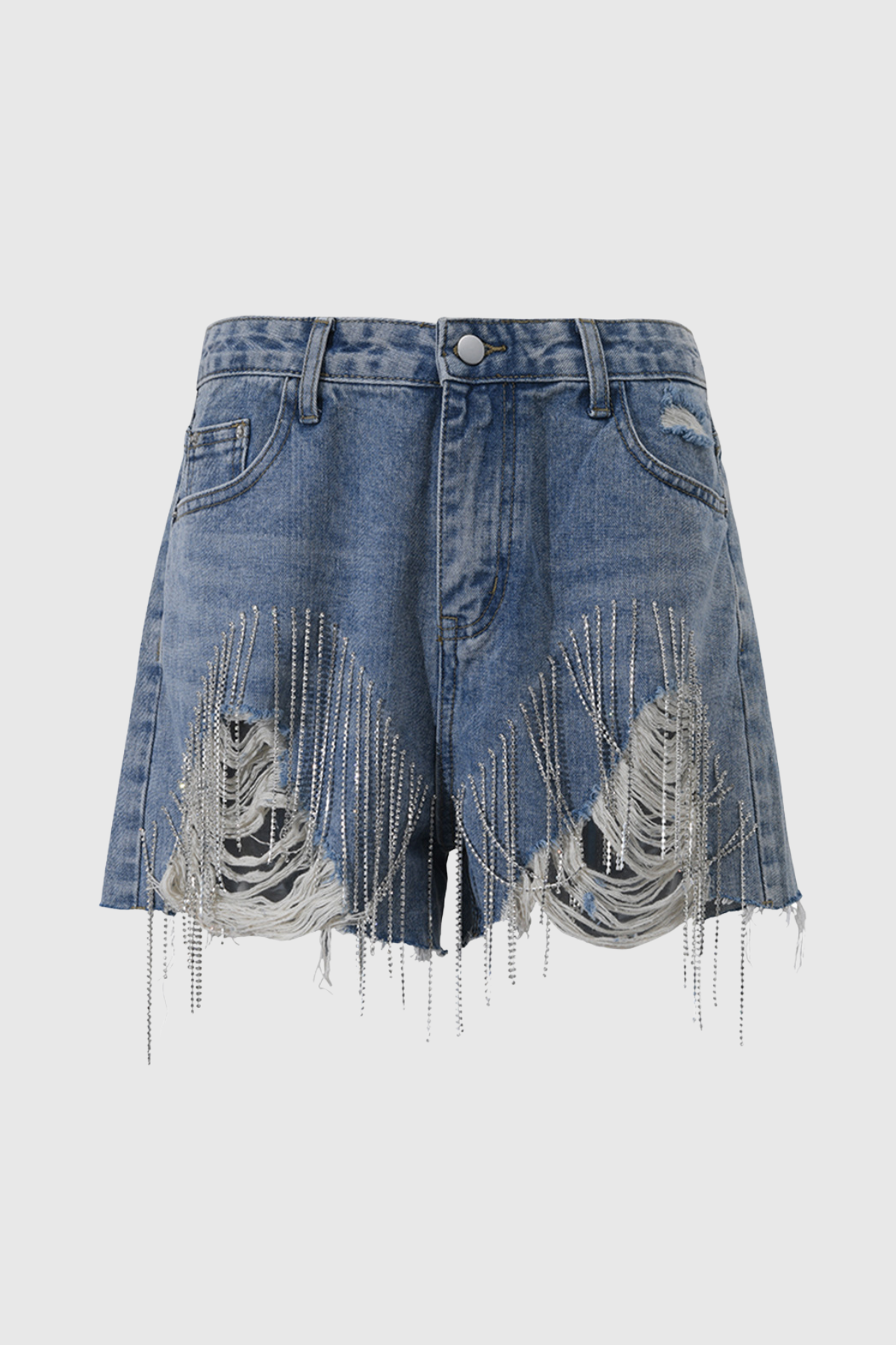 Zendaya Torn Rhinestone Fringe Short Jeans