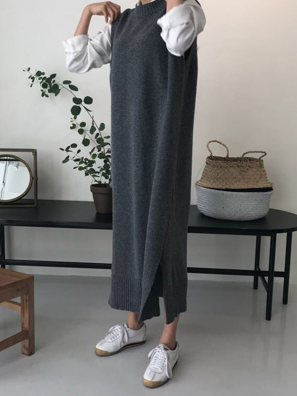 Urban Loose Sleeveless Solid Color Classic Round-Neck Midi Dresses Sweater Dresses