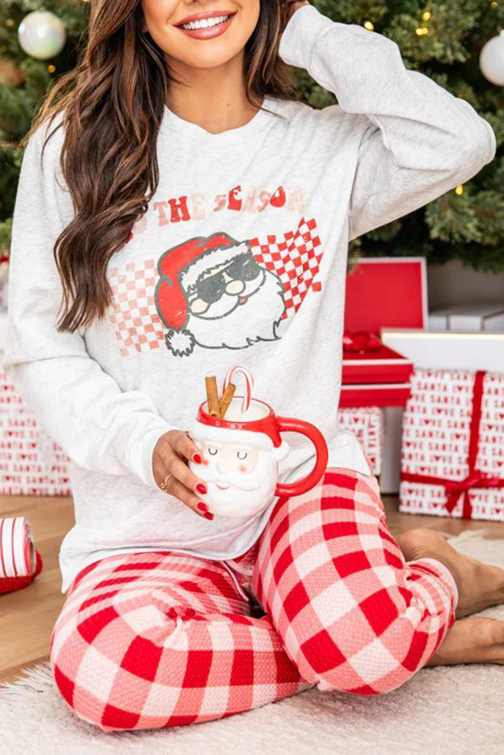 Multicolor Christmas Claus Graphic Top Plaid Pants Lounge Set