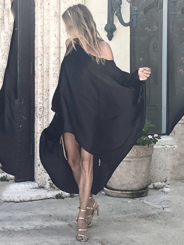 Stylish Loose High-Low Batwing Modern Sleeves Black Midi Dress