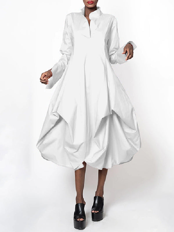 Stylish Loose Stand-Collar Trendy Long Sleeves Midi Dress