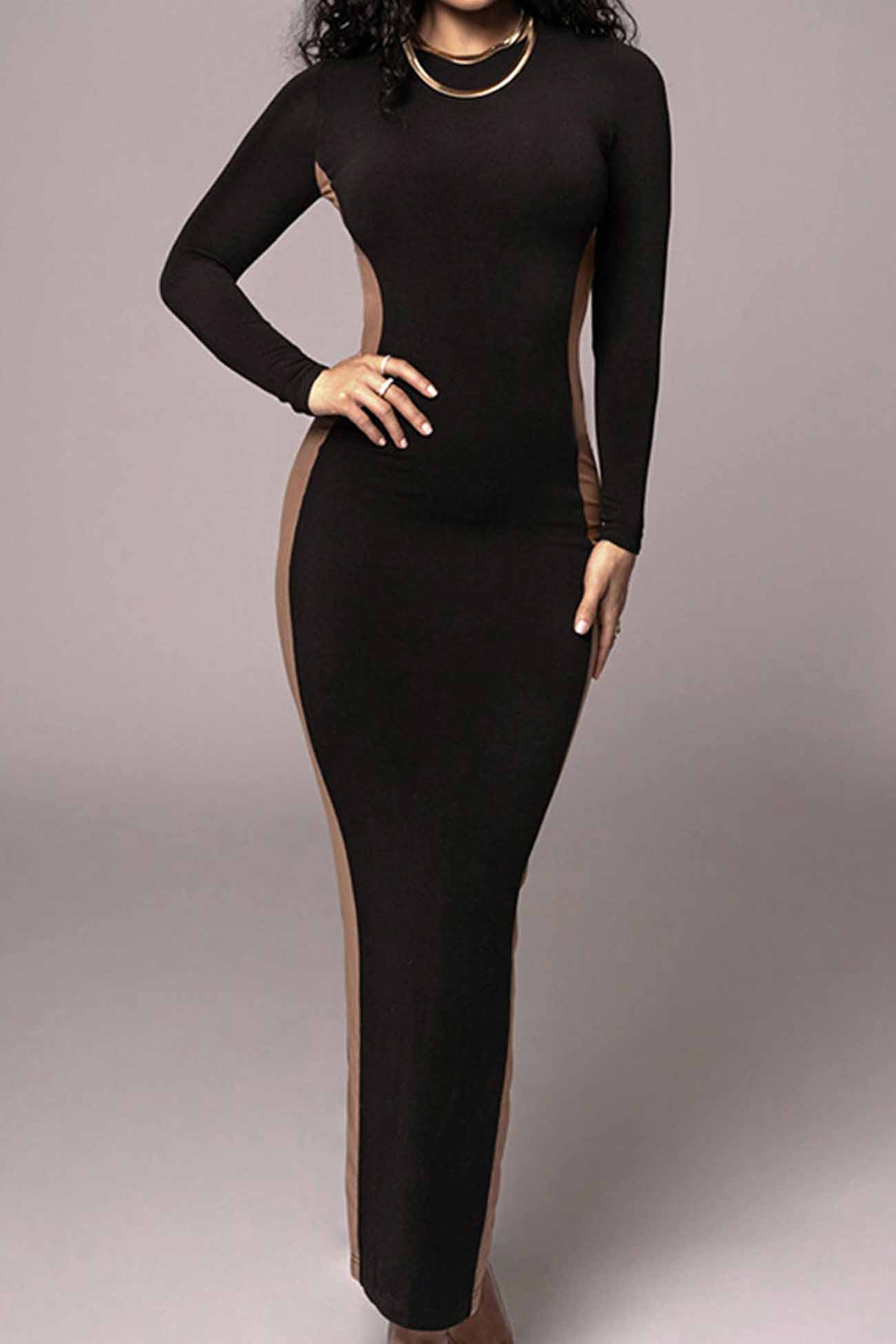 Contrast Crew Neck Long Sleeve Slit Midi Dress