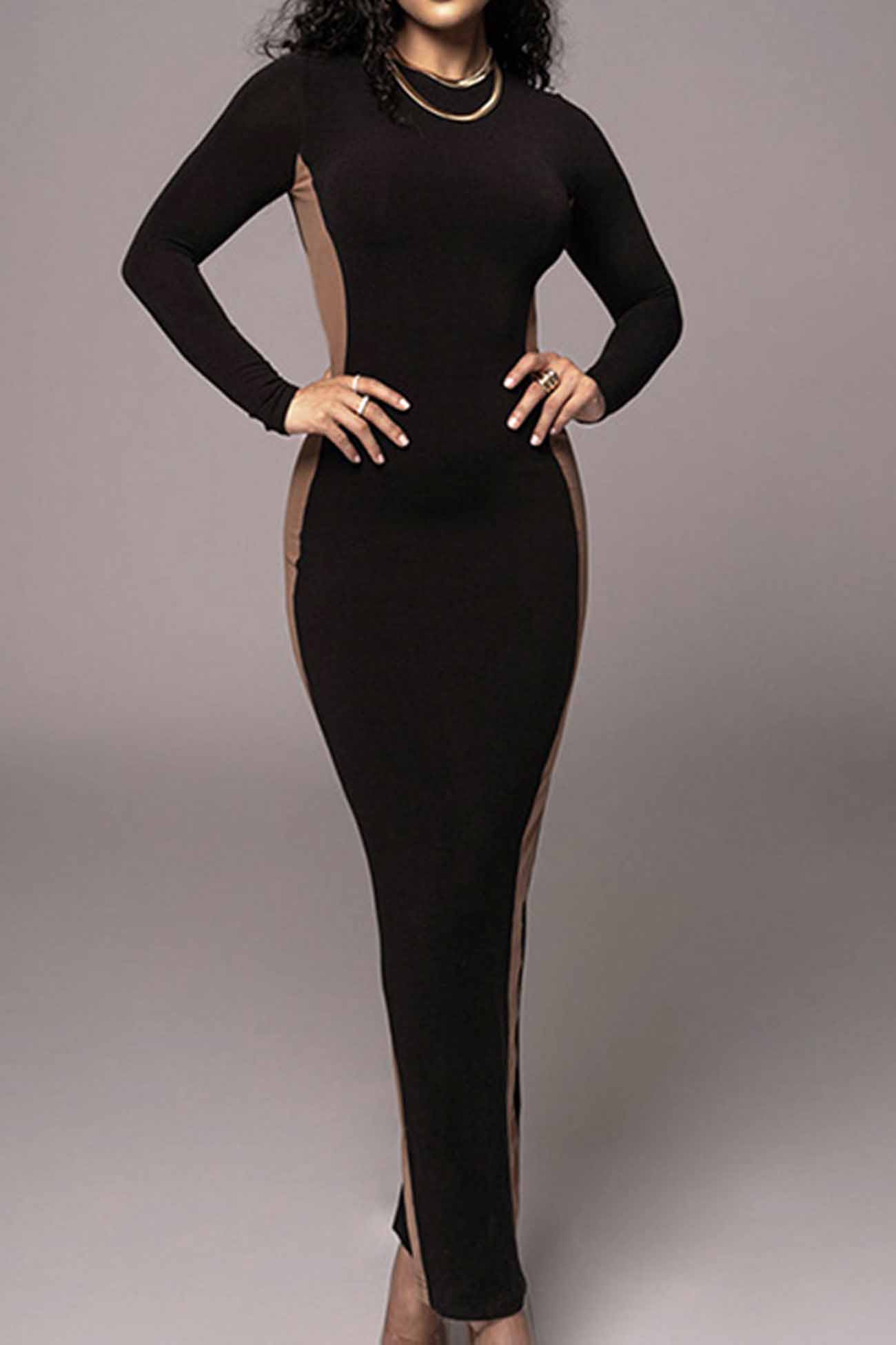 Contrast Crew Neck Long Sleeve Slit Midi Dress