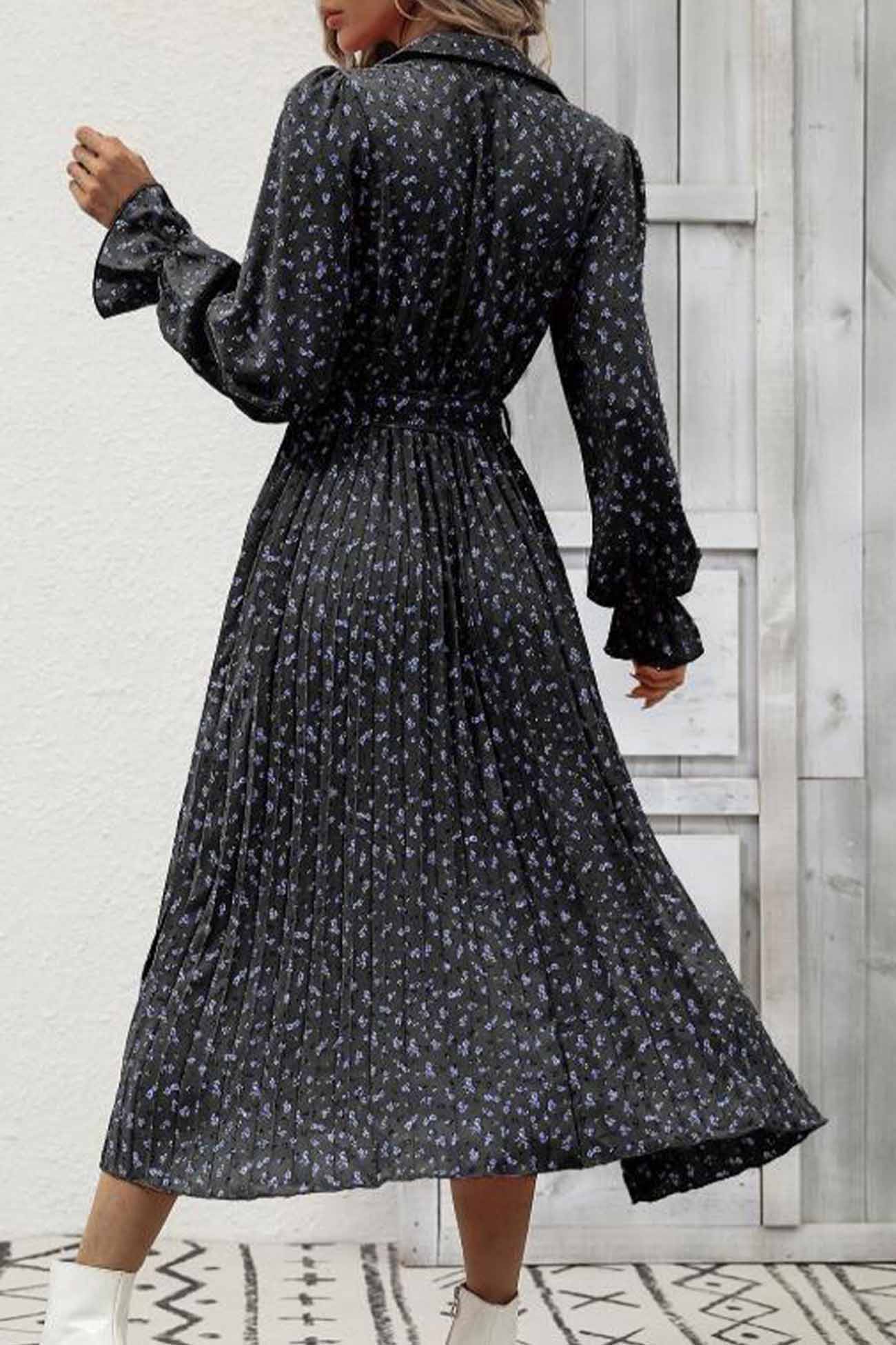 Floral Tie Wasit Long Sleeve Pleated Midi Dress