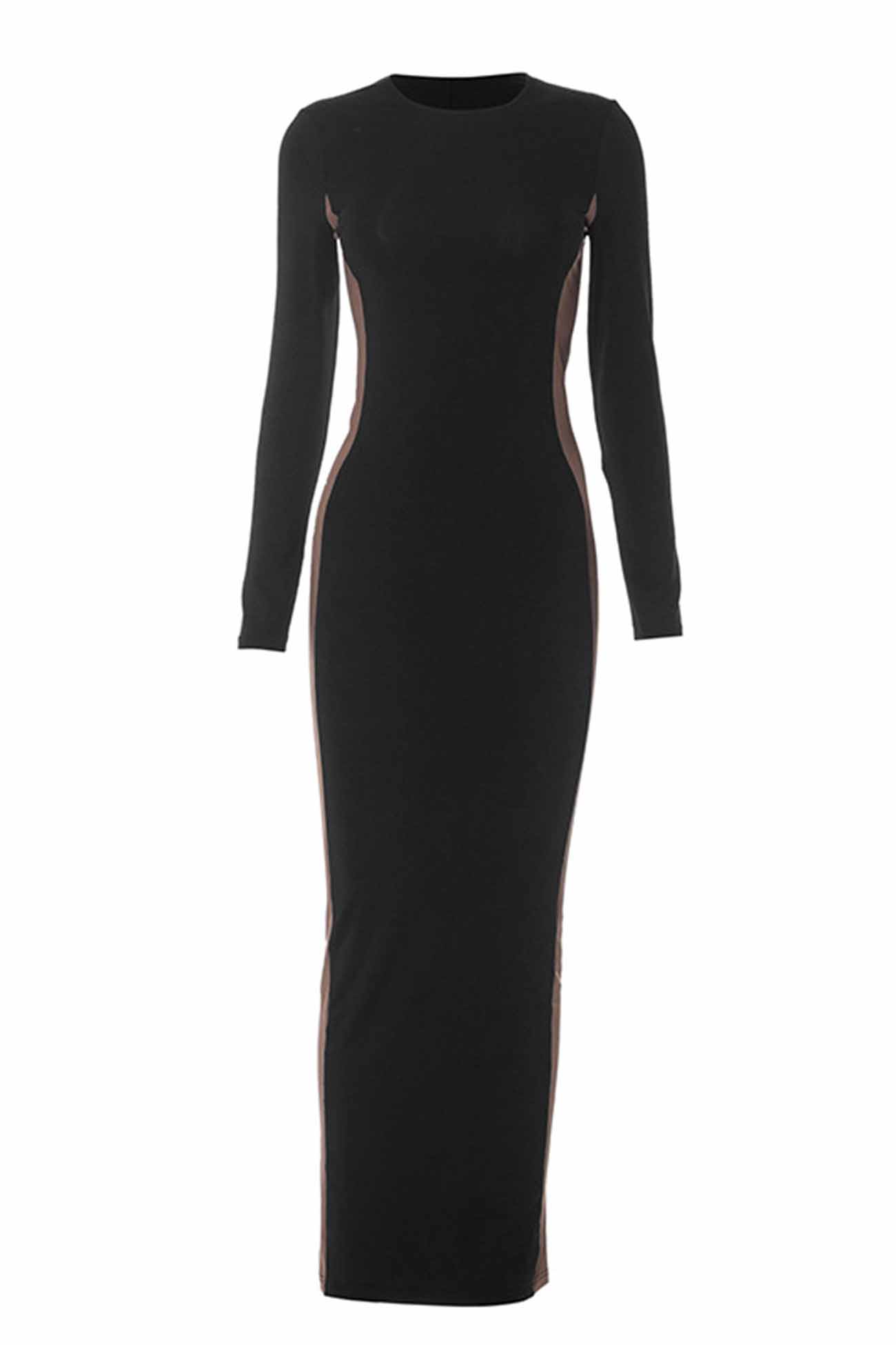 Contrast Crew Neck Long Sleeve Slit Midi Dress