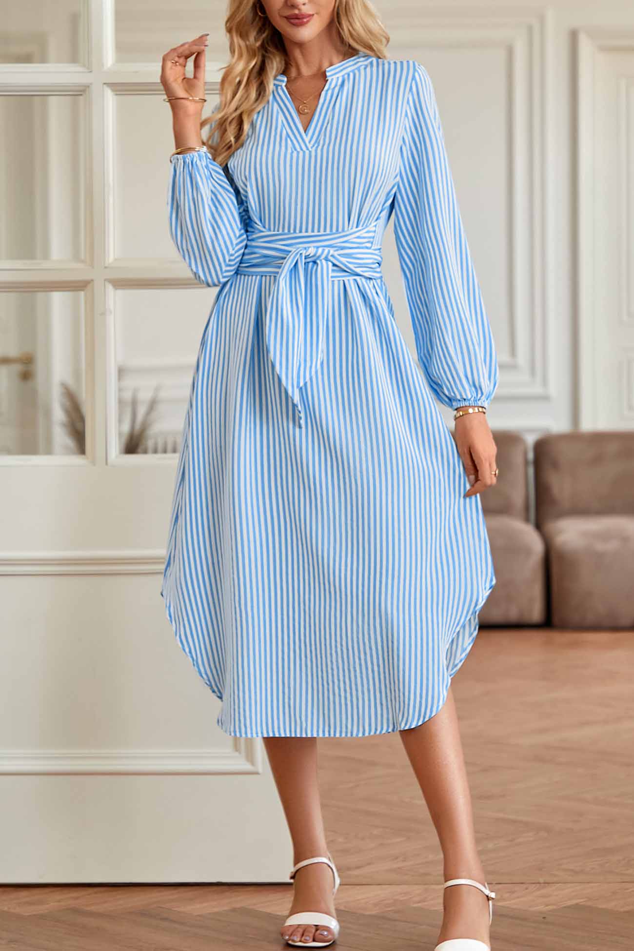 V Neck Striped Tie Waist Long Sleeve Midi Dress