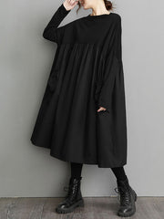 Simple Loose Black Split-Joint Modern Long Sleeves Midi Dress