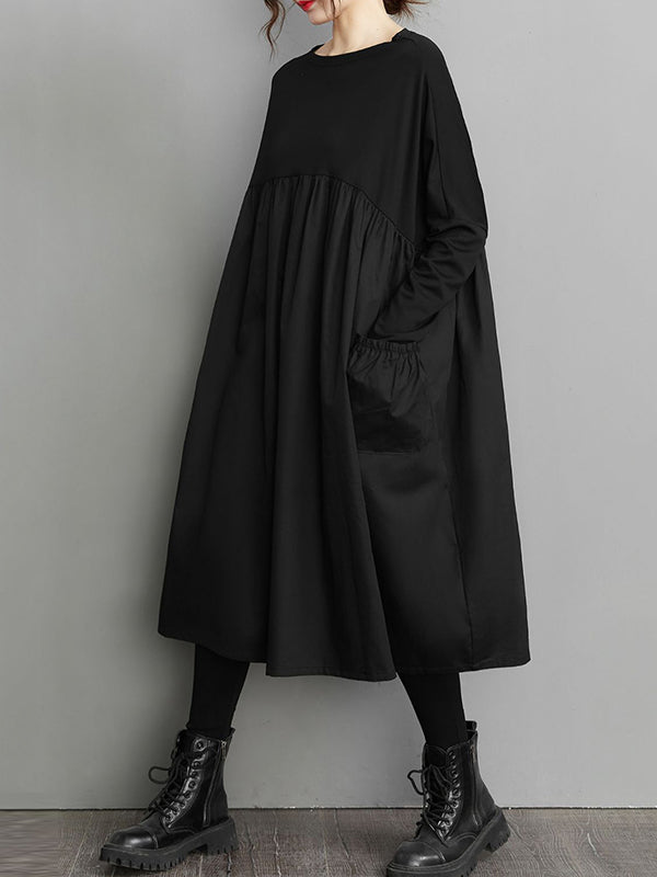 Simple Loose Black Split-Joint Modern Long Sleeves Midi Dress