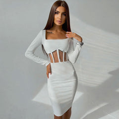 Square Neck Long Sleeve Mesh Panel Sophisticated Rib Knit Midi Dress - Teal