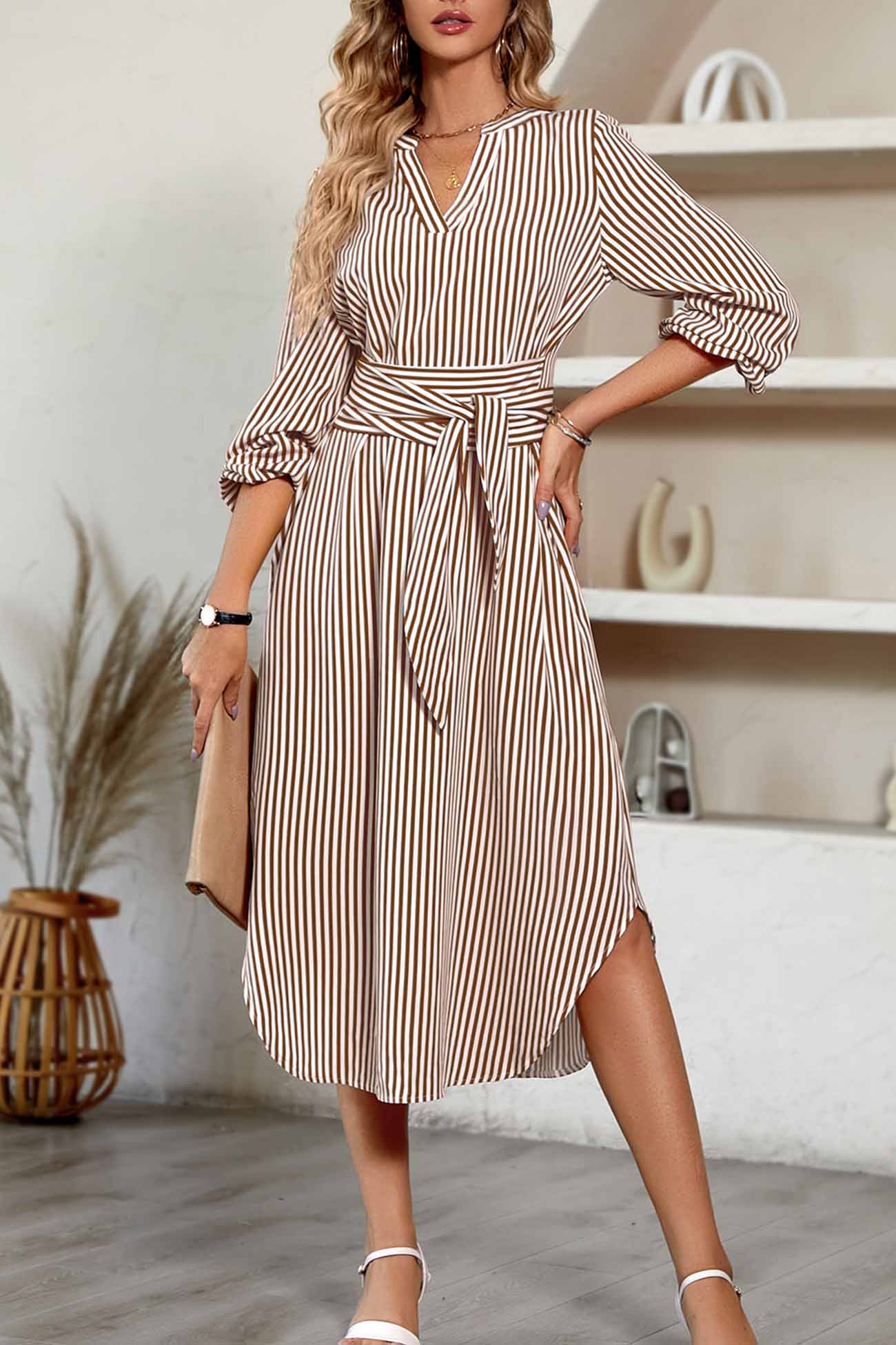 V Neck Striped Tie Waist Long Sleeve Midi Dress