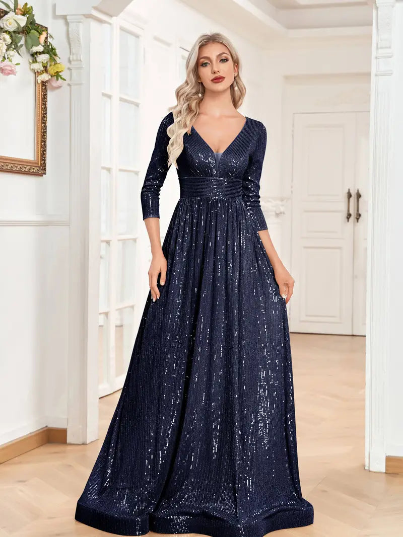 Blue V Neck Sequined Long Sleeve Prom Maxi Dress