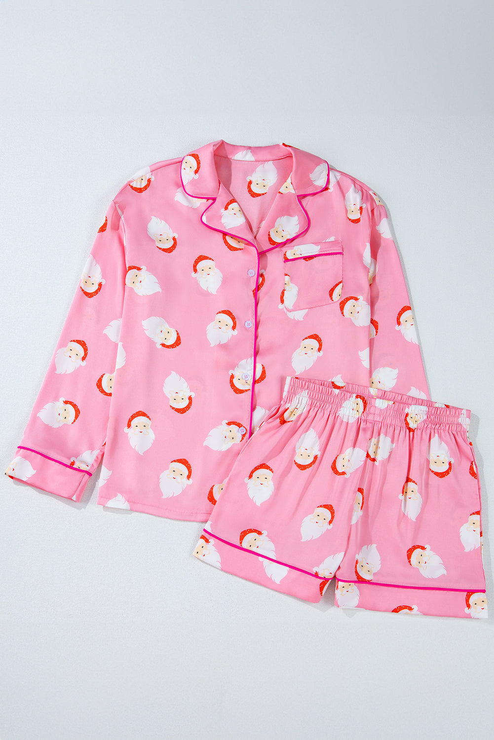 Pink Christmas Santa Claus Print Satin Shirt and Shorts Set