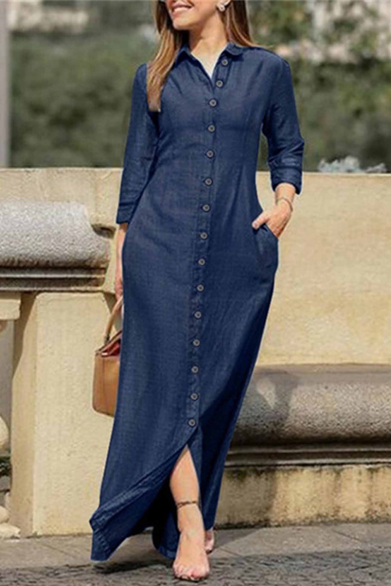 Lapel Button Up Shirt Dress