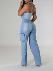 Halter Button-Front Denim Jumpsuit