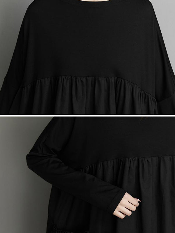 Simple Loose Black Split-Joint Modern Long Sleeves Midi Dress