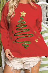 Feurig roter Pullover mit Pailletten und Weihnachtsbaum-Skizze, überschnittenen Schultern