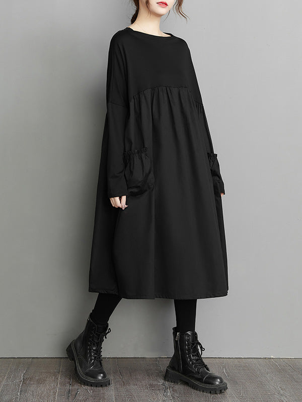 Simple Loose Black Split-Joint Modern Long Sleeves Midi Dress