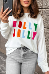 Weißes Chenille-Langarmshirt mit Holly Jolly-Grafik