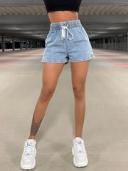 DRAWSTRING HIGH WAIST DENIM SHORTS