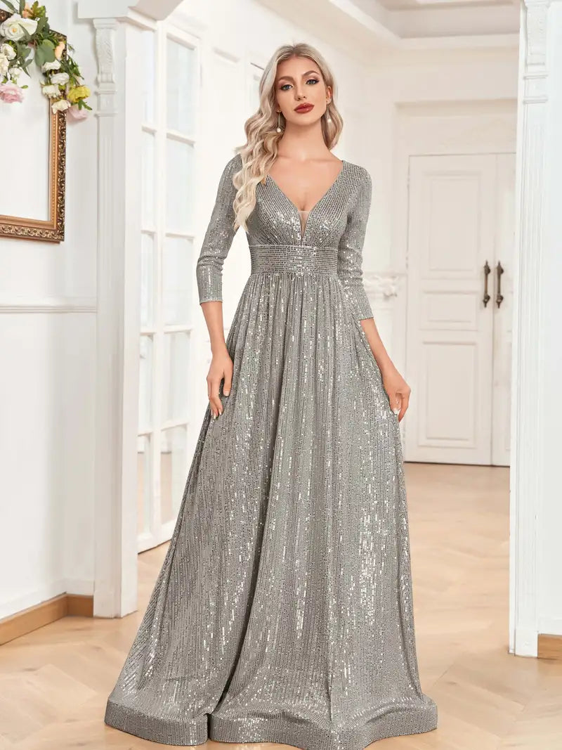 Blue V Neck Sequined Long Sleeve Prom Maxi Dress