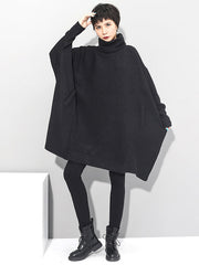 Super Loose Black High-Neck Modern Knitting Batwing Sleeves Sweater Dress