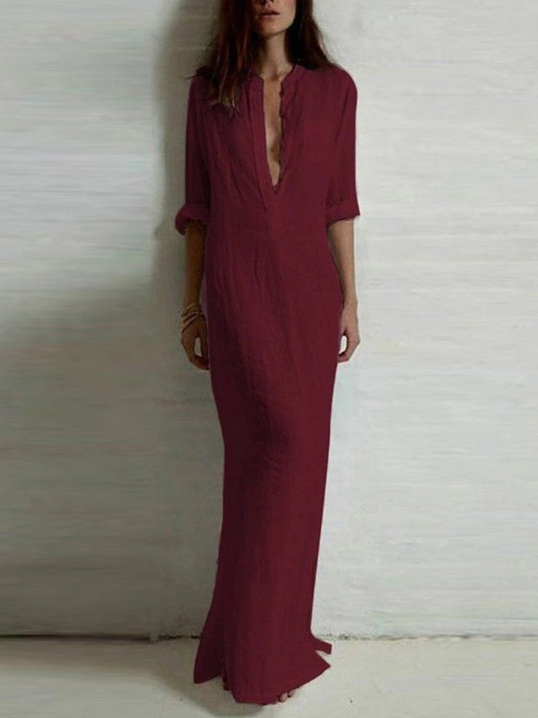 Schlichtes Maxikleid aus Ramie-Baumwolle in moderner Farbe mit seitlichen Schlitzen 