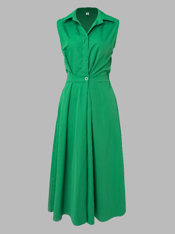 Sleeveless Solid Color Trendy Lapel Midi Dresses