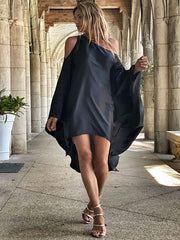 Stylish Loose High-Low Batwing Modern Sleeves Black Midi Dress