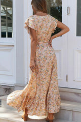 Swingy Ruffle Sleeve Floral Modern Printed Beach Mini Wrap Dress