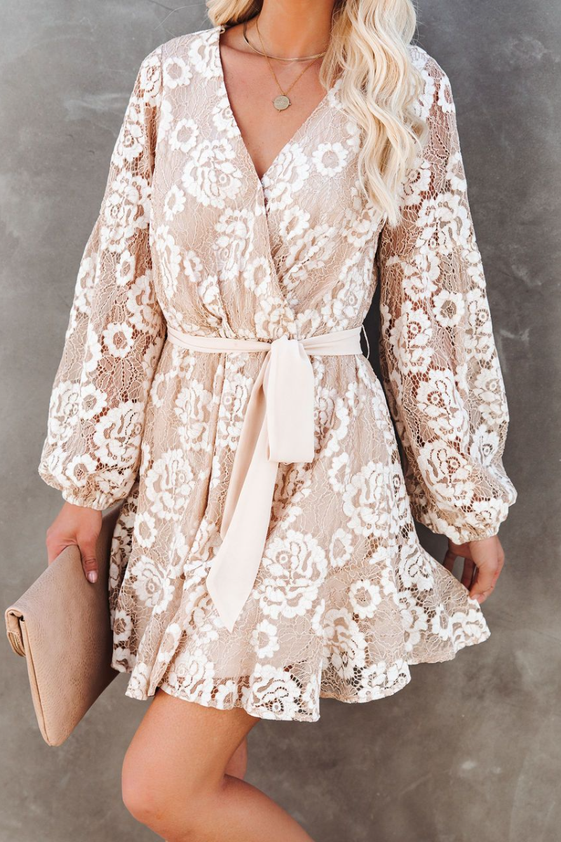 O-Ausschnitt, Blumenmuster, trendiges bedrucktes Langarm-Minikleid 