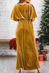 Velvet Crew Neck High Slit Midi Dress