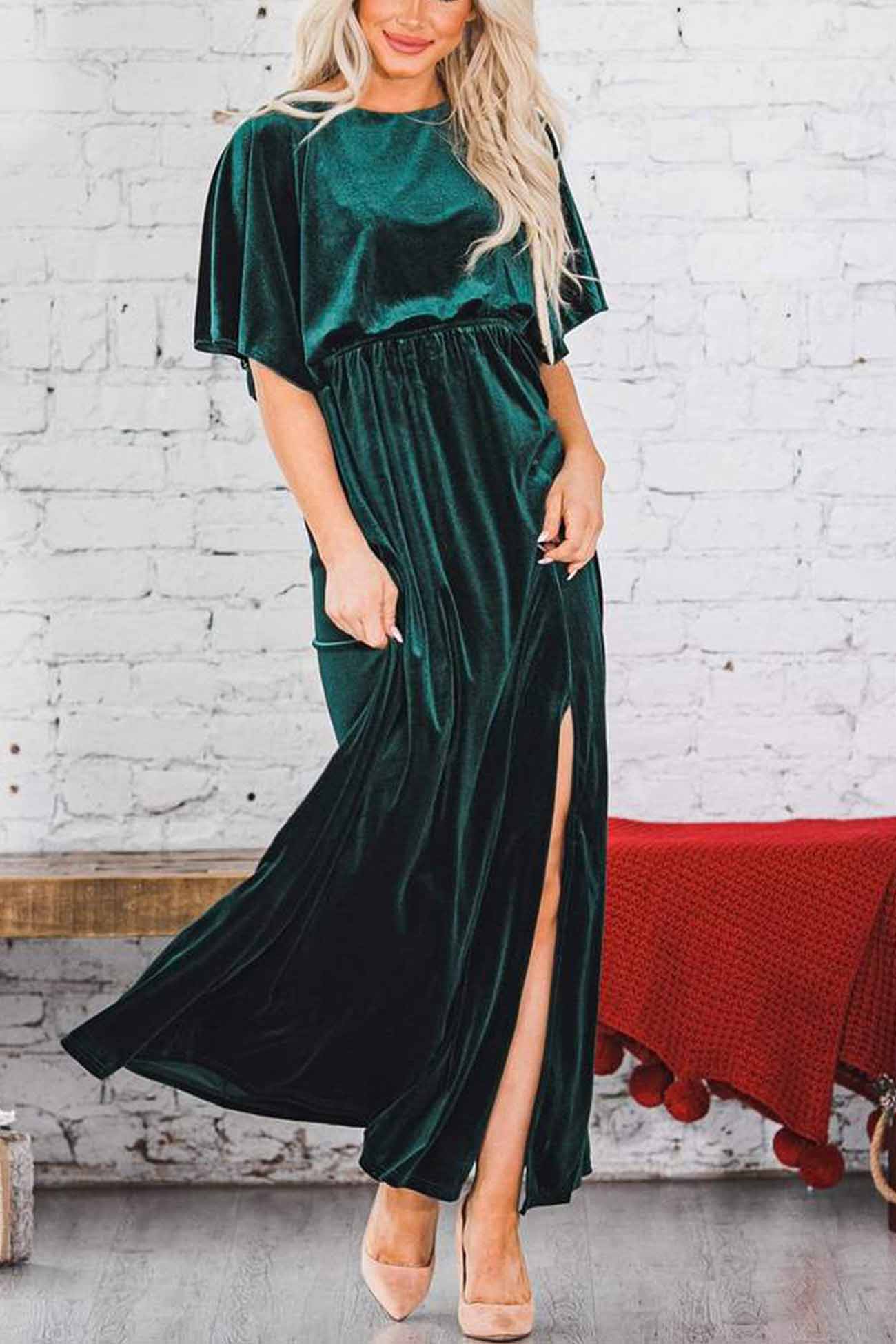 Velvet Crew Neck High Slit Midi Dress