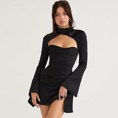 Long Sleeve Double V Modern Neck Contrast Mesh Midi Dress