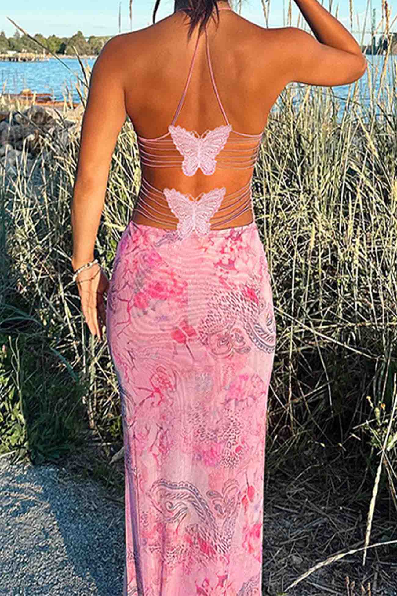 Halterneck Butterfly Backless Midi Dress