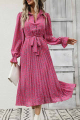 Floral Tie Wasit Long Sleeve Pleated Midi Dress