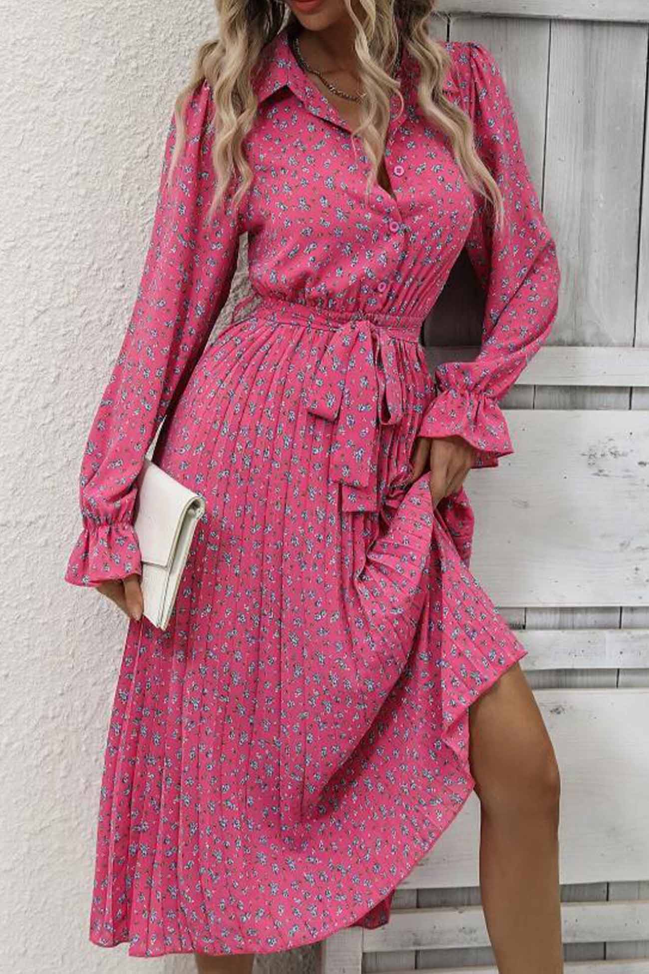 Floral Tie Wasit Long Sleeve Pleated Midi Dress