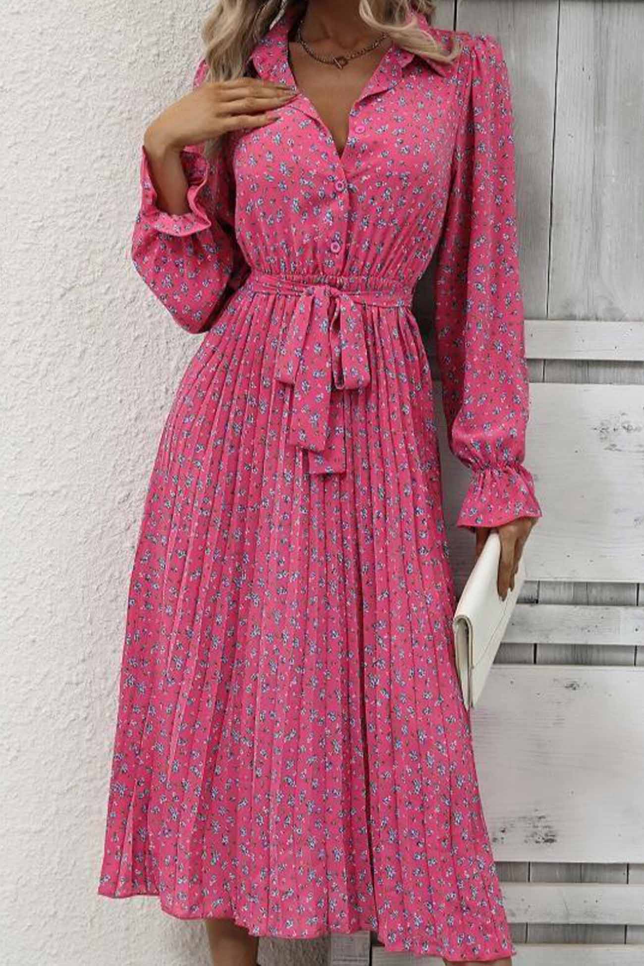 Floral Tie Wasit Long Sleeve Pleated Midi Dress