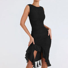 Gerafftes, ärmelloses, figurbetontes, elegantes Cocktail-Midikleid mit Rundhalsausschnitt und Rüschen - Armeegrün