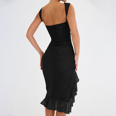 Gerafftes, ärmelloses, figurbetontes, elegantes Cocktail-Midikleid mit Rundhalsausschnitt und Rüschen - Armeegrün
