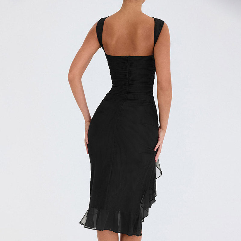Gerafftes, ärmelloses, figurbetontes, elegantes Cocktail-Midikleid mit Rundhalsausschnitt und Rüschen - Armeegrün