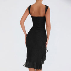 Gerafftes, ärmelloses, figurbetontes, elegantes Cocktail-Midikleid mit Rundhalsausschnitt und Rüschen - Armeegrün