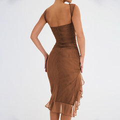 Gerafftes, ärmelloses, figurbetontes, klassisches Cocktail-Midikleid mit Rüschen und Rundhalsausschnitt - Schwarz