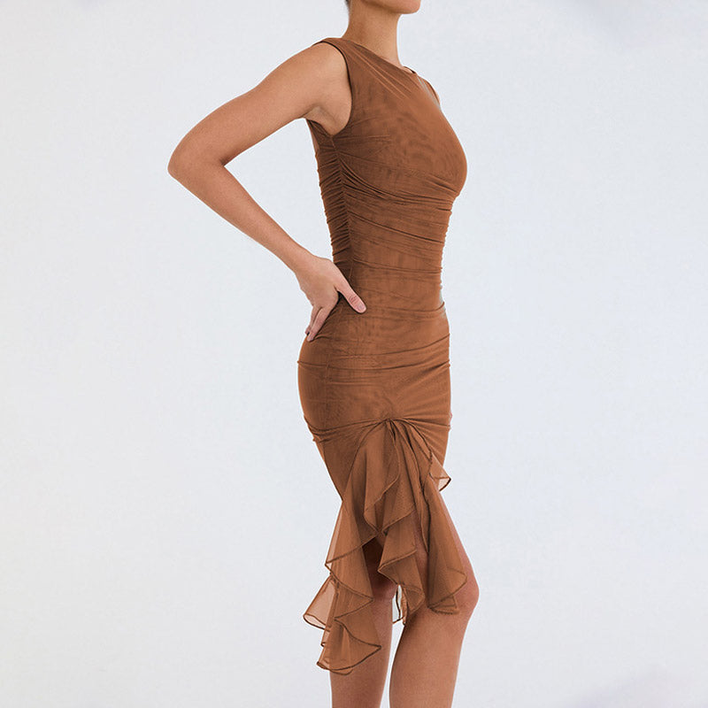 Gerafftes, ärmelloses, figurbetontes, klassisches Cocktail-Midikleid mit Rüschen und Rundhalsausschnitt - Schwarz