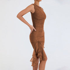 Gerafftes, ärmelloses, figurbetontes, klassisches Cocktail-Midikleid mit Rüschen und Rundhalsausschnitt - Schwarz