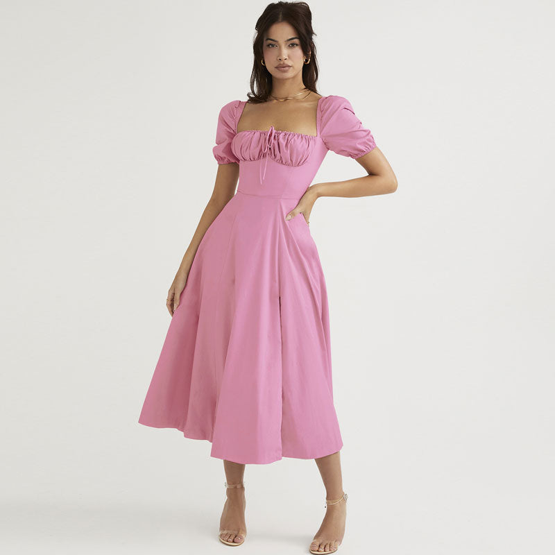 Elegantes, schulterfreies Midi-Sommerkleid mit Puffärmeln und Bindeband vorn und hohem Schlitz - Schwarz