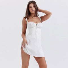 Einfarbiges, gerüschtes, klassisches, ärmelloses Korsett-Minikleid mit Schnürung vorne - Rosa
